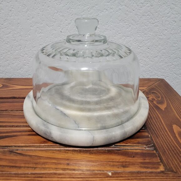 Vintage Marble White & Gray Cheese Cloche Glass Dome Lid 7.5 x 5.5" MCM Dessert - Picture 4 of 10